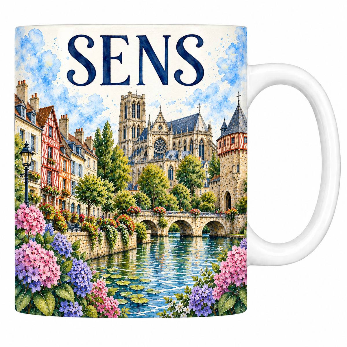Mug céramique 330 ml Sens : la cathédrale Saint-Étienne et les colombages en aquarelle