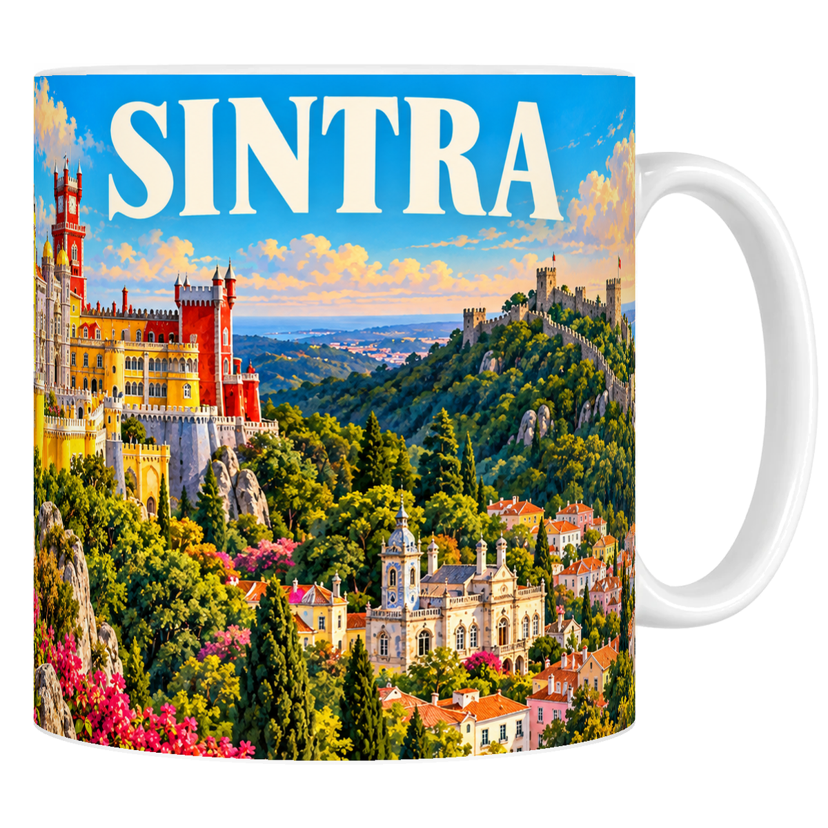 Mug en céramique blanc 330 ml, affiche Sintra : palais de Pena, remparts maures et village aux toits de tuiles