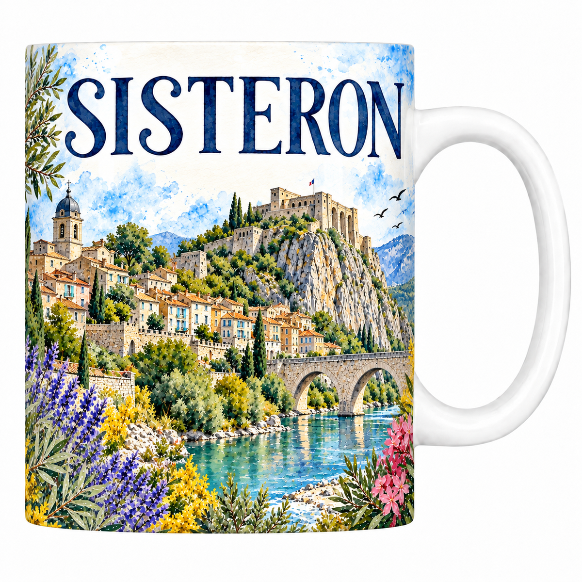 Mug blanc en céramique 330 ml illustré Sisteron à l'aquarelle : la citadelle sur son rocher, le pont sur la Durance et la Baume