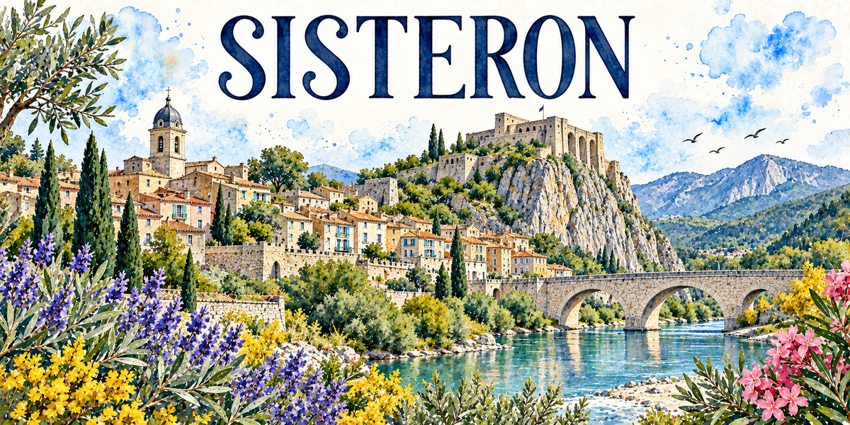 Illustration aquarelle de Sisteron : citadelle sur son rocher, maisons ocre en gradins, clocher de la cathédrale, pont de pierre à arches sur la Durance, strates verticales du rocher de la Baume, olivier, cyprès, lavande et mimosa