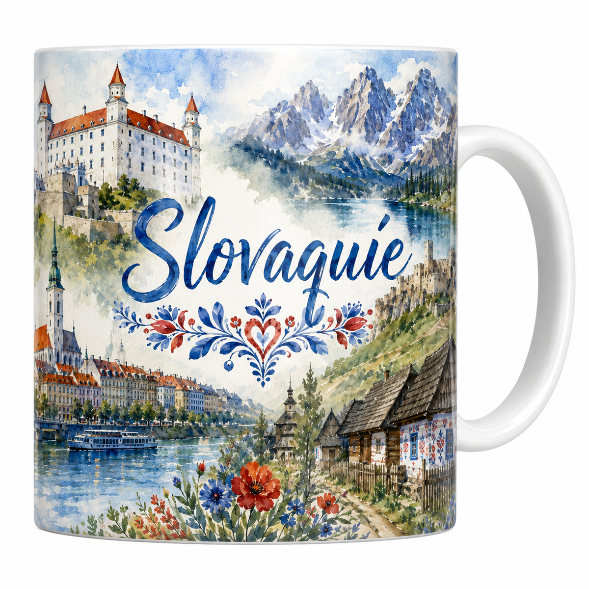 Mug céramique 330 ml Slovaquie aquarelle : château de Bratislava, Danube et Hautes Tatras