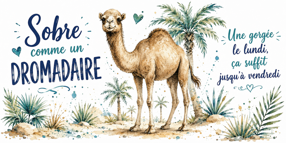 Visuel « Sobre comme un dromadaire, une gorgée le lundi, ça suffit jusqu'à vendredi » : aquarelle d'un dromadaire et de palmiers