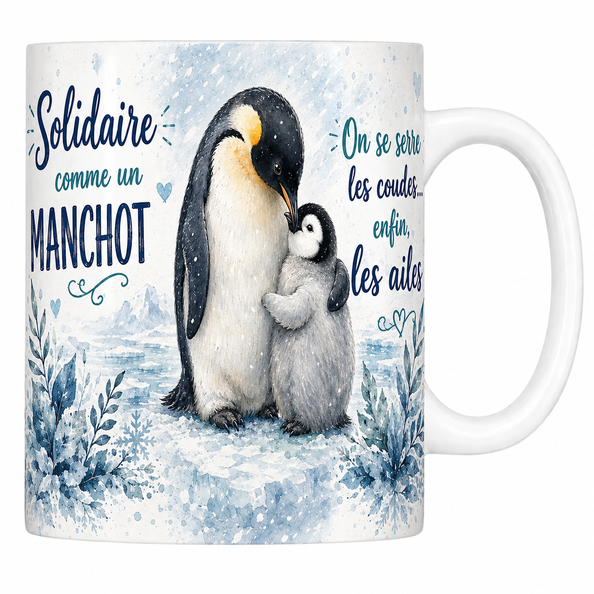 Mug céramique blanc « Solidaire comme un manchot », manchot et son poussin à l'aquarelle