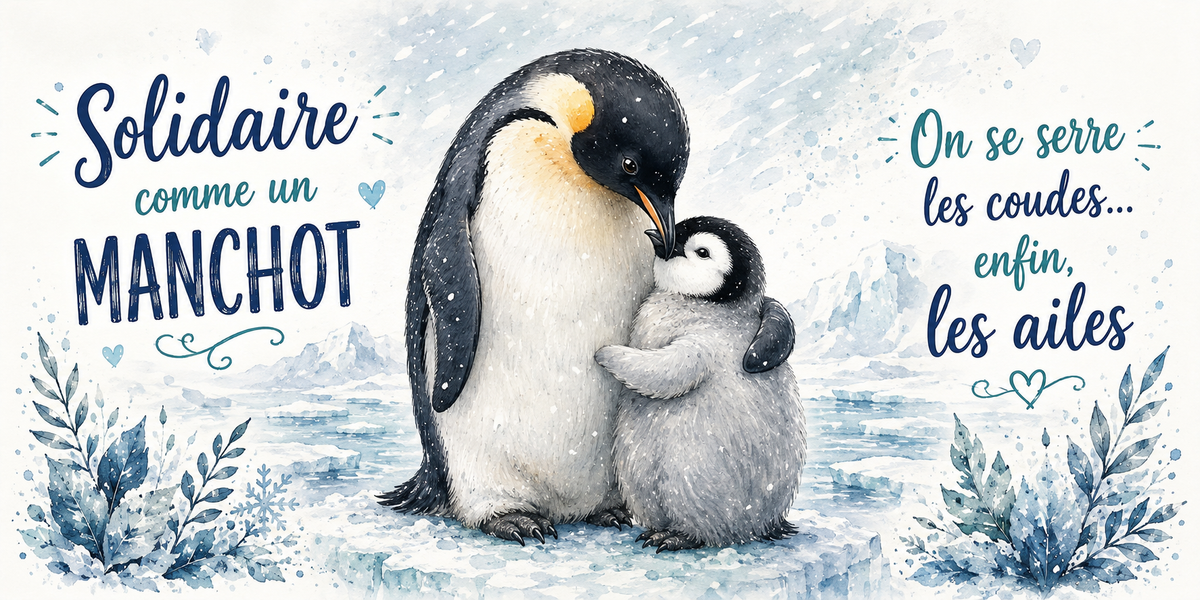Manchot et son poussin sous la neige à l'aquarelle : « Solidaire comme un manchot. On se serre les ailes »