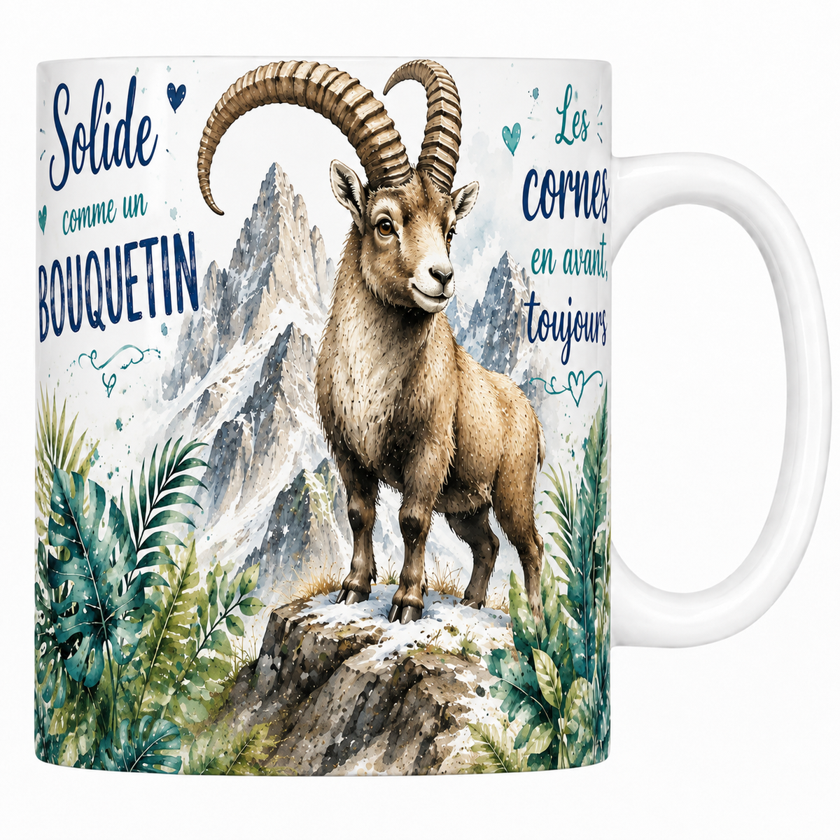 Mug céramique blanc « Solide comme un bouquetin », bouquetin aux cornes annelées à l'aquarelle