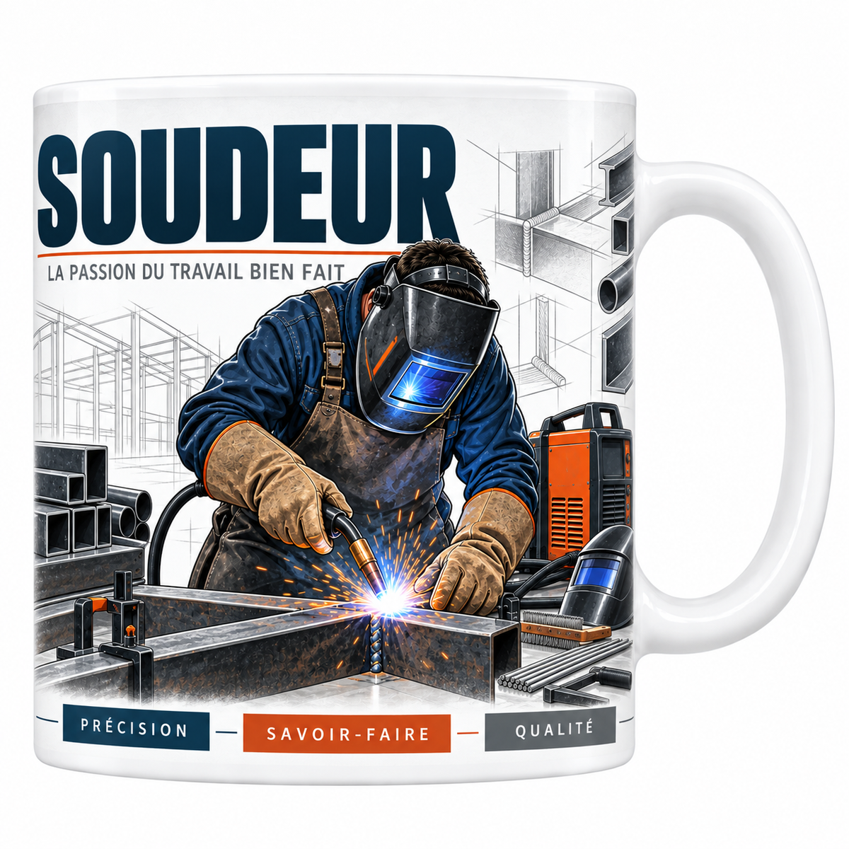 Mug soudeur en céramique blanche 330 ml, illustration d'un soudeur cagoule baissée soudant à l'arc, gerbe d'étincelles, poste à souder et poutrelles d'acier, titre SOUDEUR bleu marine