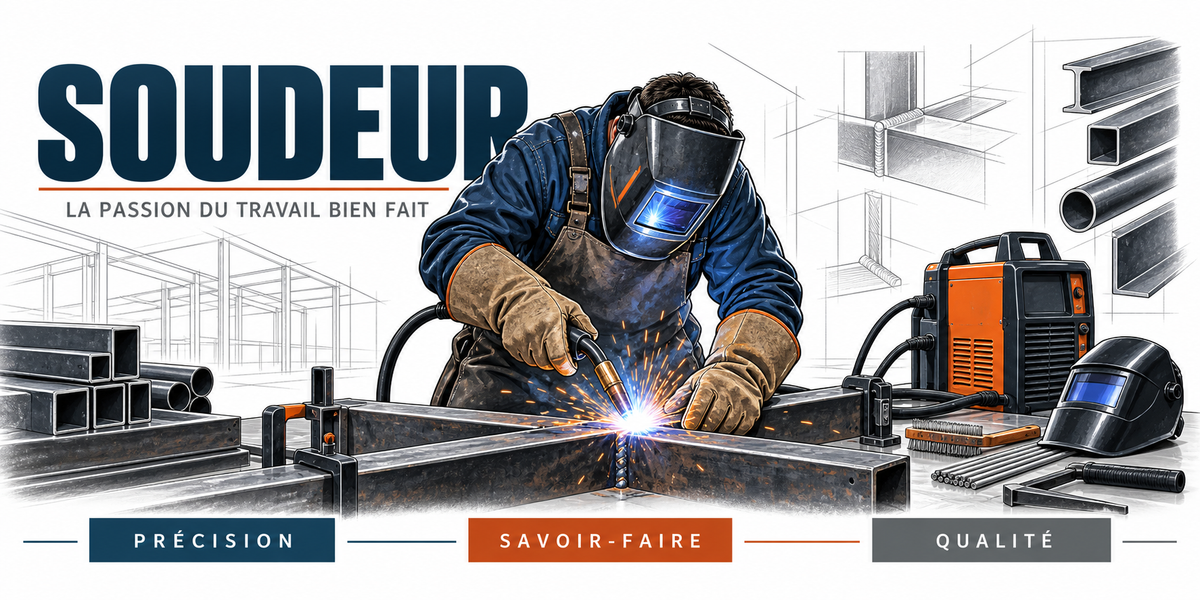 Illustration soudeur : homme en cagoule et gants de croûte soudant une poutrelle, arc électrique et étincelles, poste à souder orange, profilés d'acier et croquis techniques