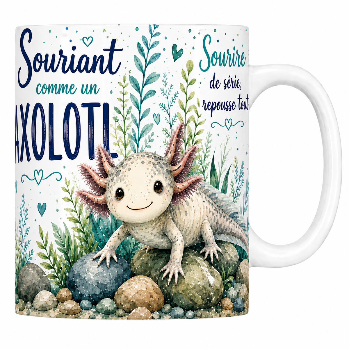 Mug céramique 330 ml « Souriant comme un axolotl » : axolotl rose sur des galets