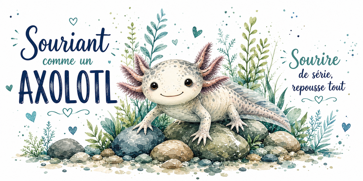 Visuel « Souriant comme un axolotl, sourire de série, repousse tout » : aquarelle d'un axolotl aux branchies déployées