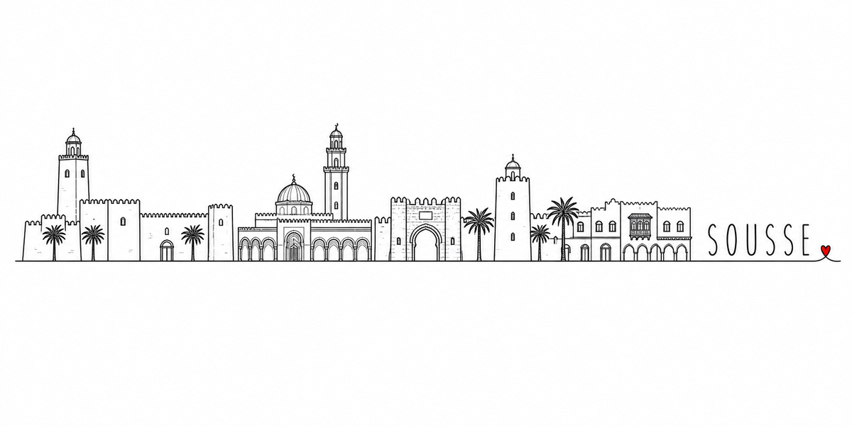 Skyline de Sousse dessiné au trait noir continu, de gauche à droite : la haute tour de guet du ribat au-dessus de ses remparts crénelés, les palmiers, les murailles et leurs merlons, la coupole nervurée et les arcades de la Grande Mosquée, la muraille percée d'une porte monumentale, la tour carrée coiffée d'un lanternon, les palmiers et les maisons à arcades — avec le nom SOUSSE en capitales espacées et un petit cœur rouge