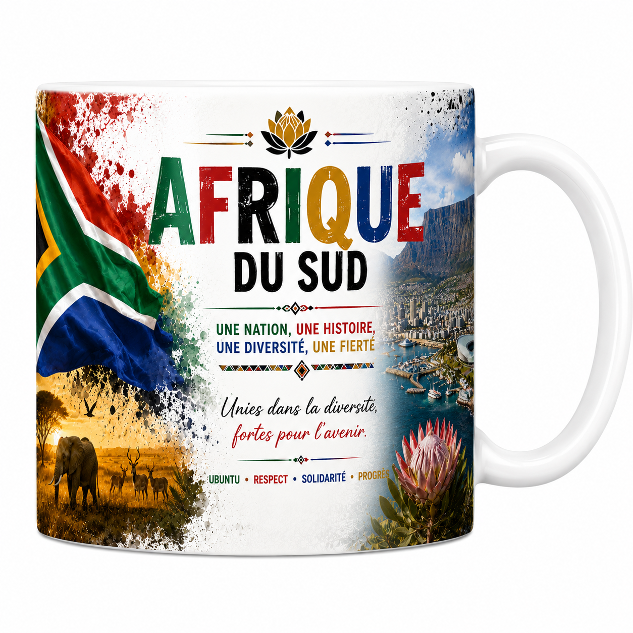 Mug souvenir Afrique du Sud en céramique blanche, drapeau, Table Mountain et Le Cap imprimés