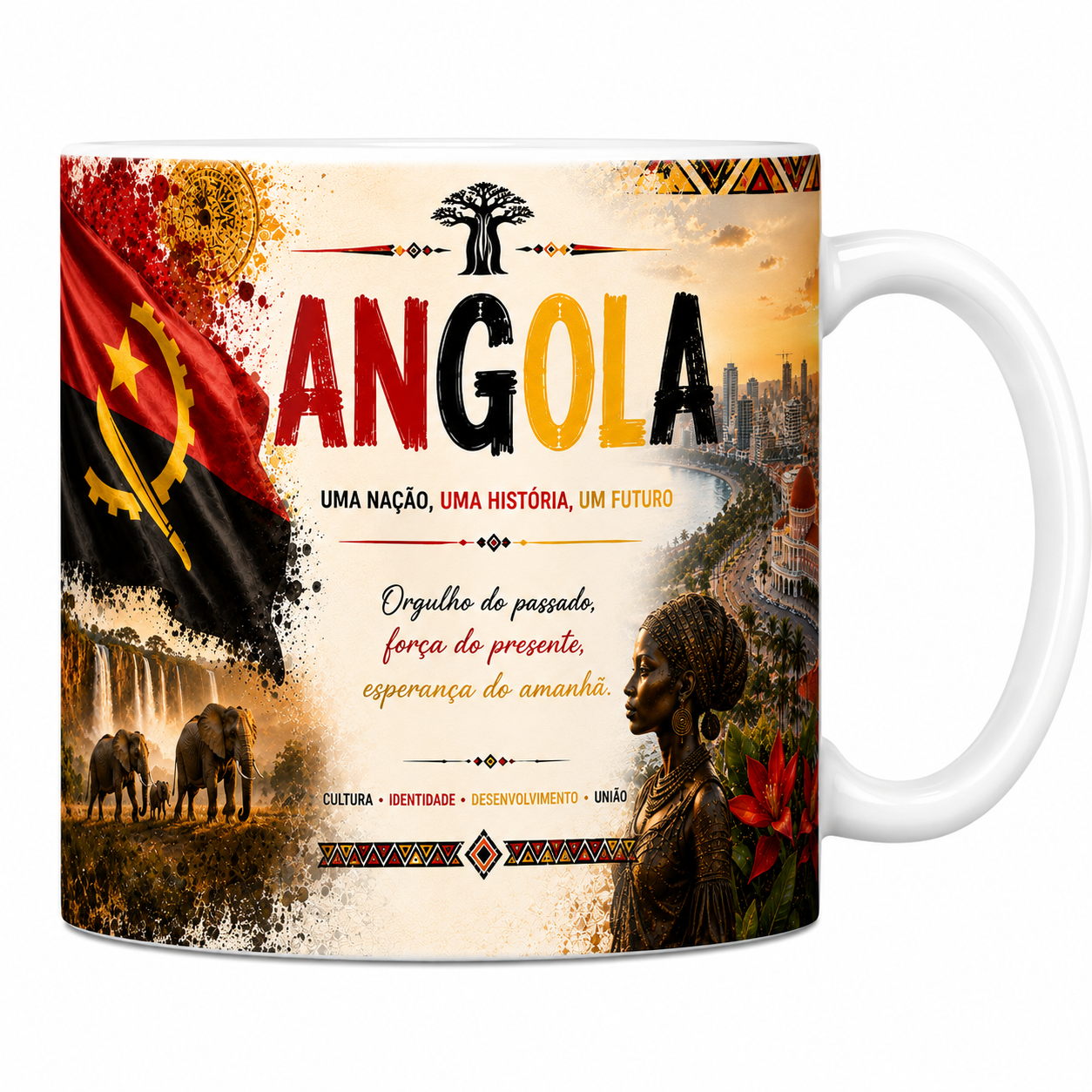 Mug souvenir Angola en céramique blanche, drapeau, chutes de Kalandula et baie de Luanda
