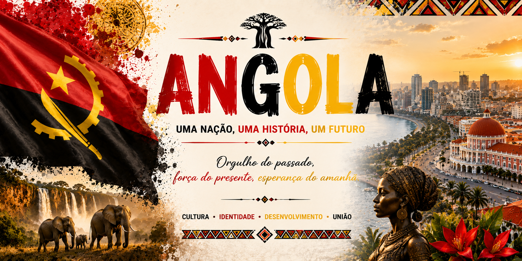 Visuel Angola : chutes de Kalandula, éléphants, front de mer de Luanda et Uma nação uma história