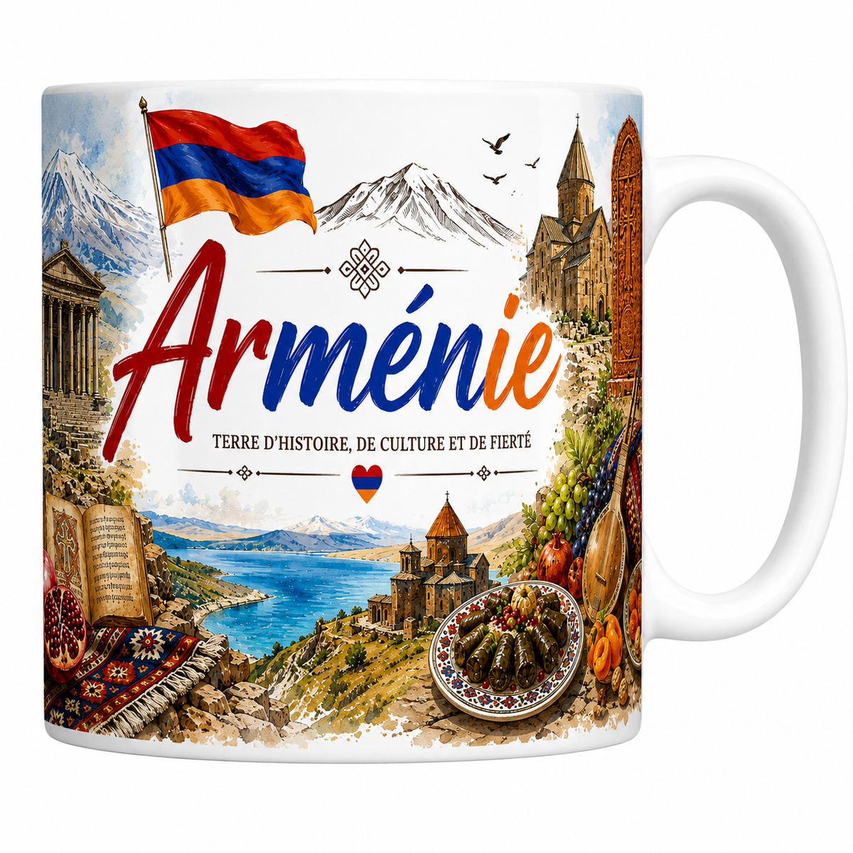 Mug céramique 330 ml souvenir Arménie : drapeau, mont Ararat, temple de Garni et grenades
