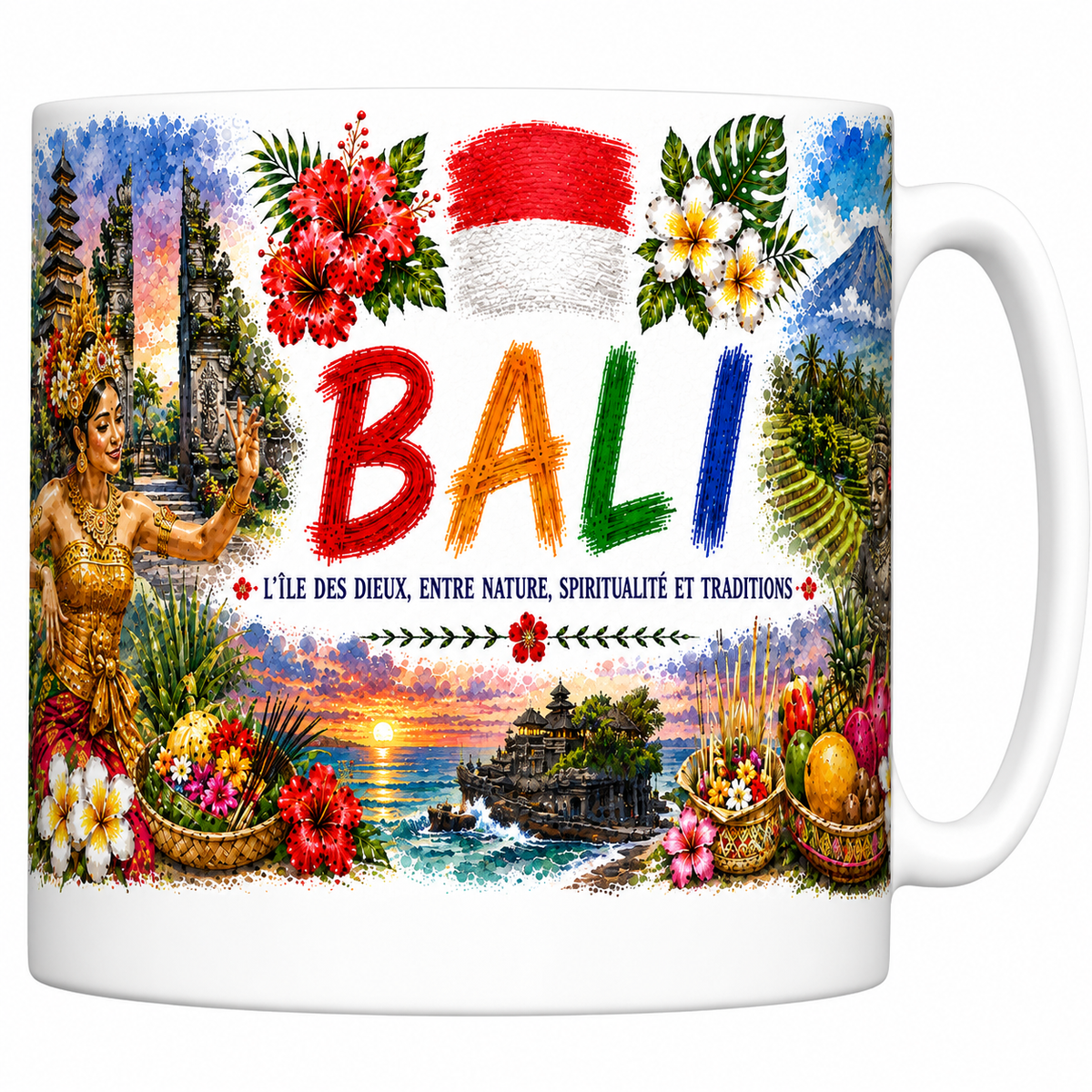 Mug céramique 330 ml souvenir Bali : drapeau indonésien, temple, falaises et rizières en terrasses