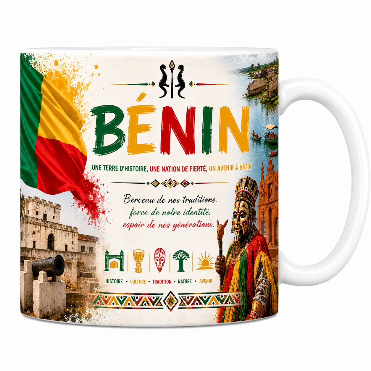 Mug souvenir Bénin en céramique blanche, drapeau, village lacustre de Ganvié et danseur Egungun
