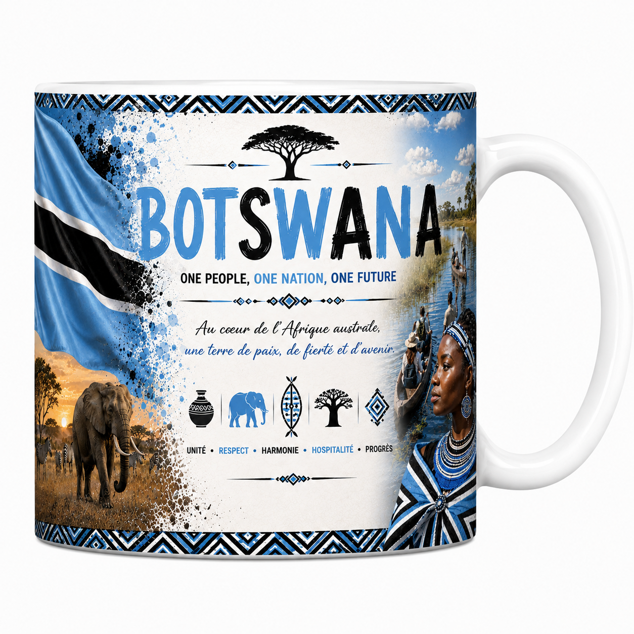 Mug souvenir Botswana en céramique blanche, drapeau, éléphant et pirogues de l'Okavango imprimés
