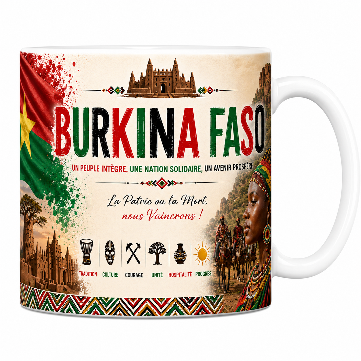 Mug souvenir Burkina Faso en céramique blanche, drapeau, mosquée en banco et cavaliers imprimés