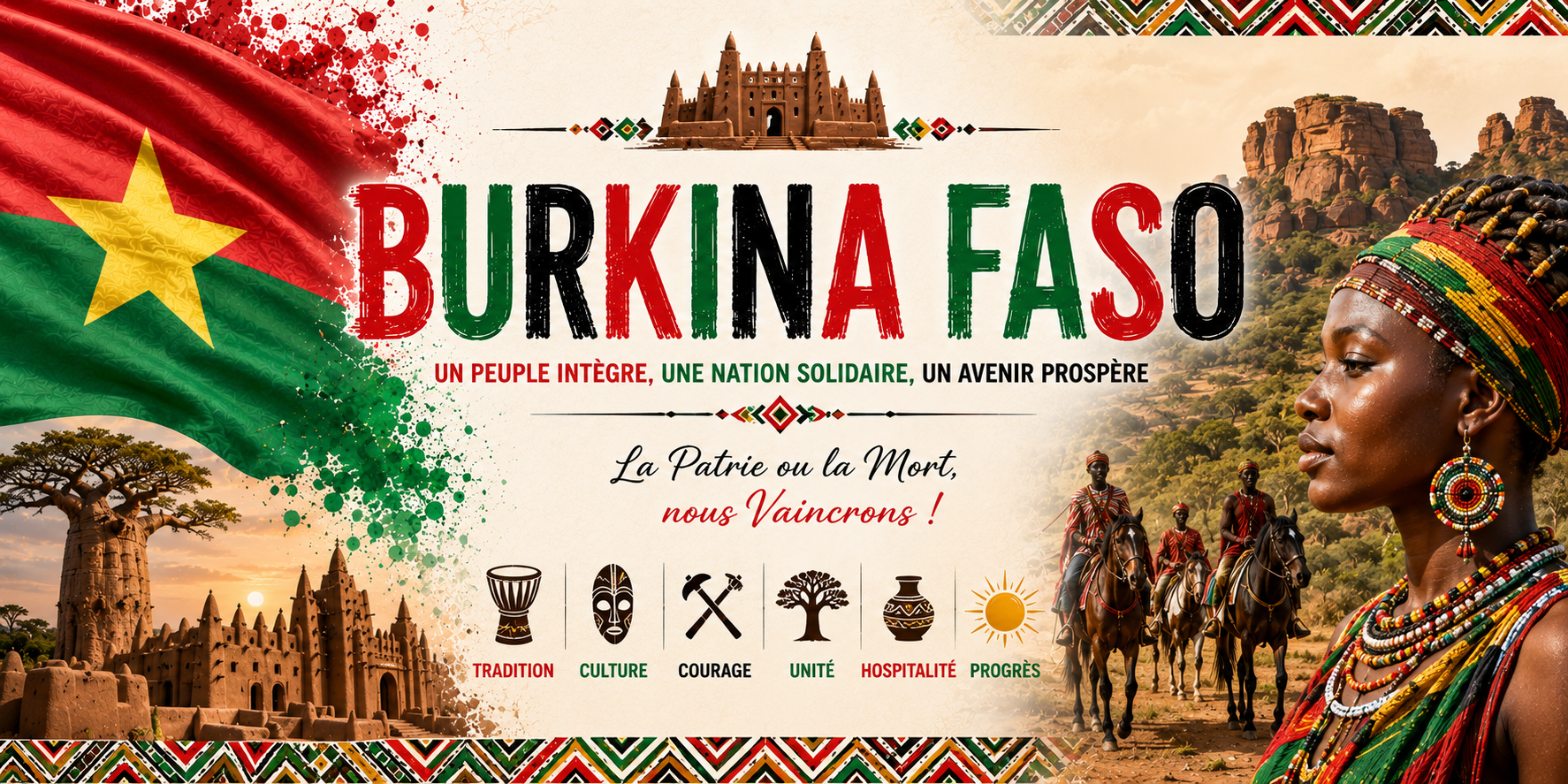 Visuel Burkina Faso : mosquée de terre, baobabs, cavaliers et Un peuple intègre une nation solidaire