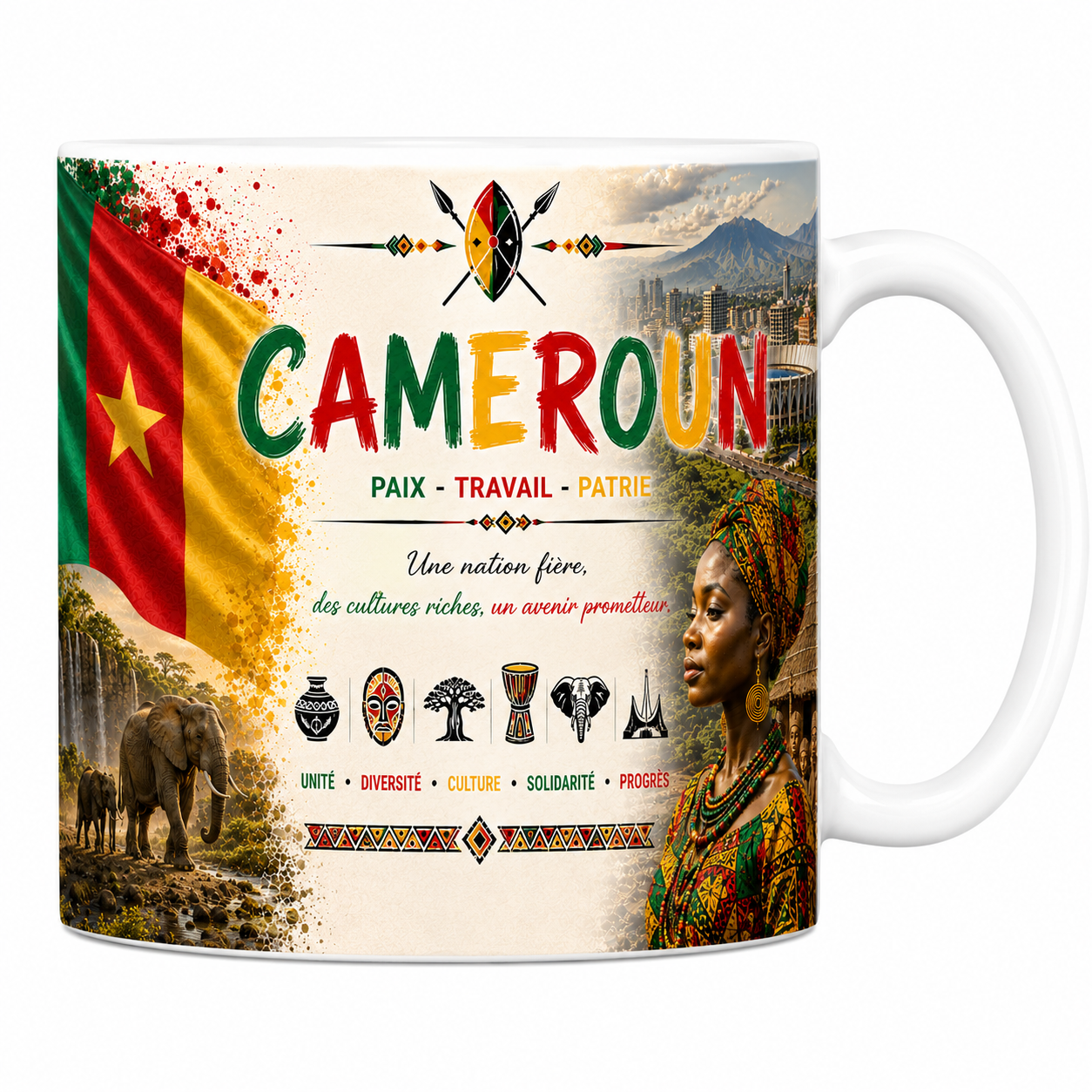 Mug souvenir Cameroun en céramique blanche, drapeau, éléphants et statues Bamiléké imprimés