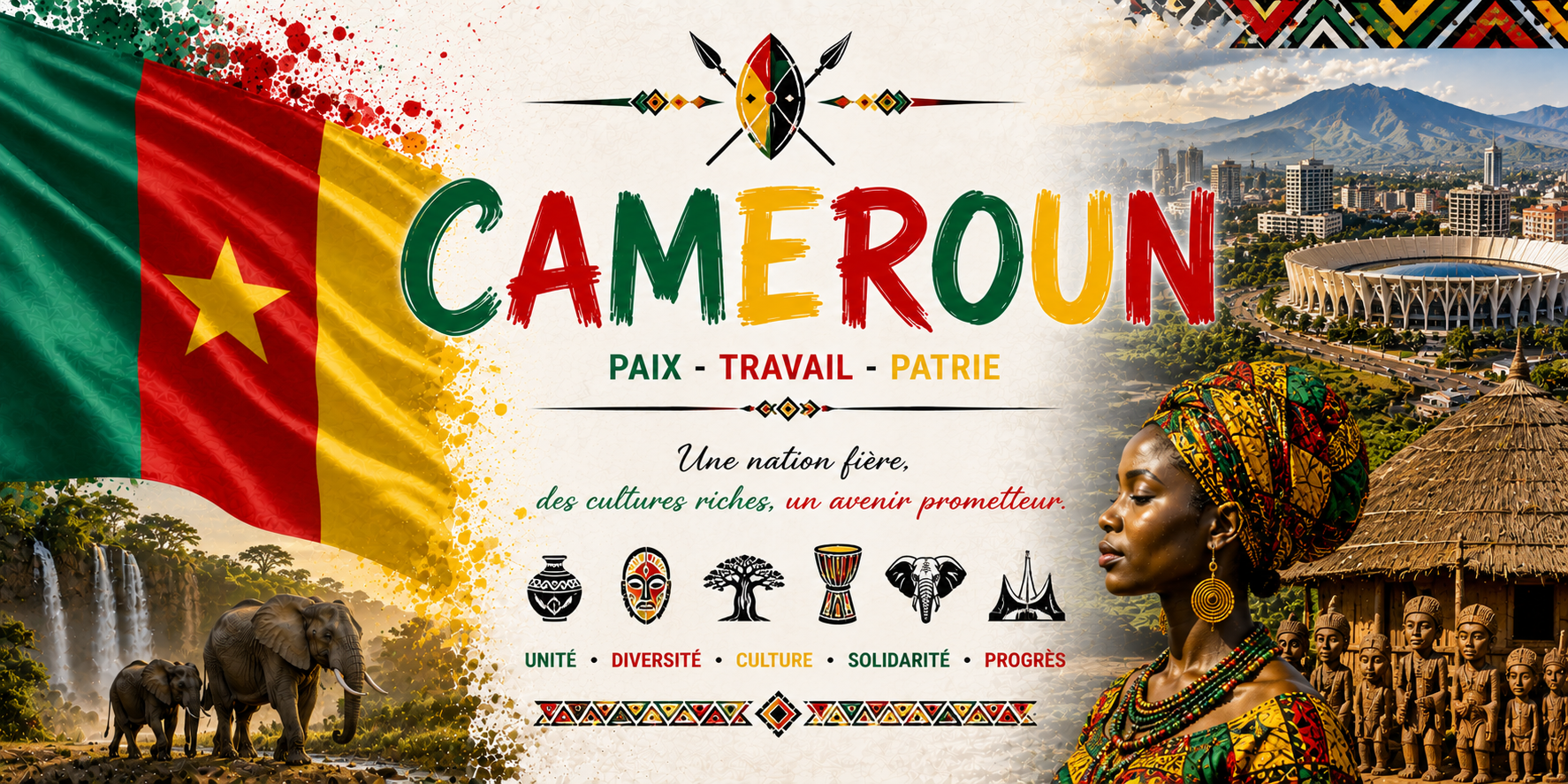 Visuel Cameroun : éléphants aux chutes, stade de Yaoundé, masque, djembé et devise Paix Travail Patrie