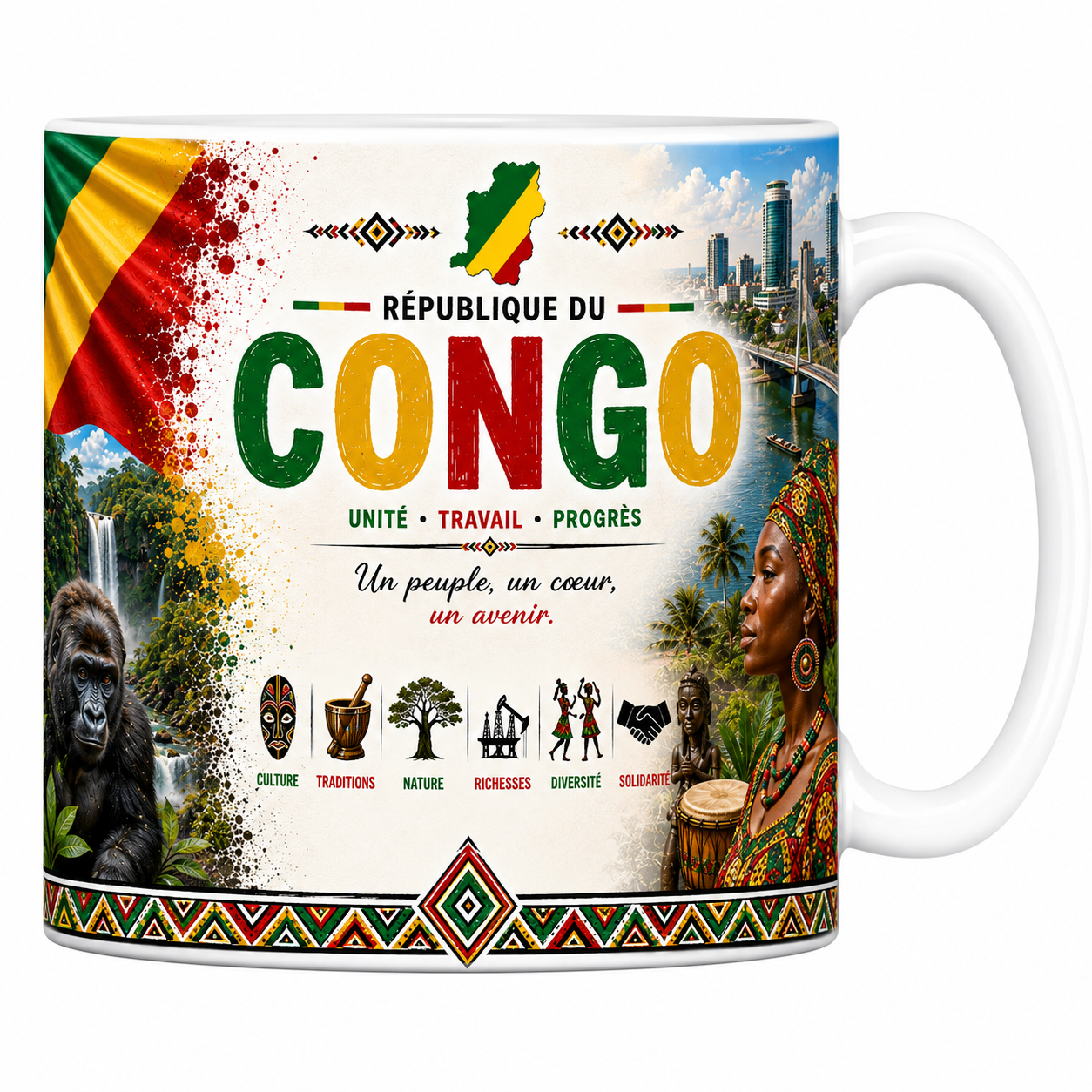 Mug souvenir Congo en céramique blanche, drapeau congolais, gorille et Brazzaville imprimés