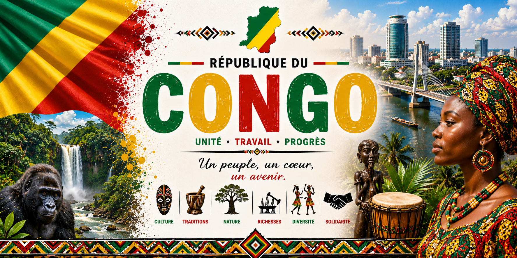 Visuel République du Congo : gorille, chutes en forêt, Brazzaville, tam-tam et devise Unité Travail Progrès