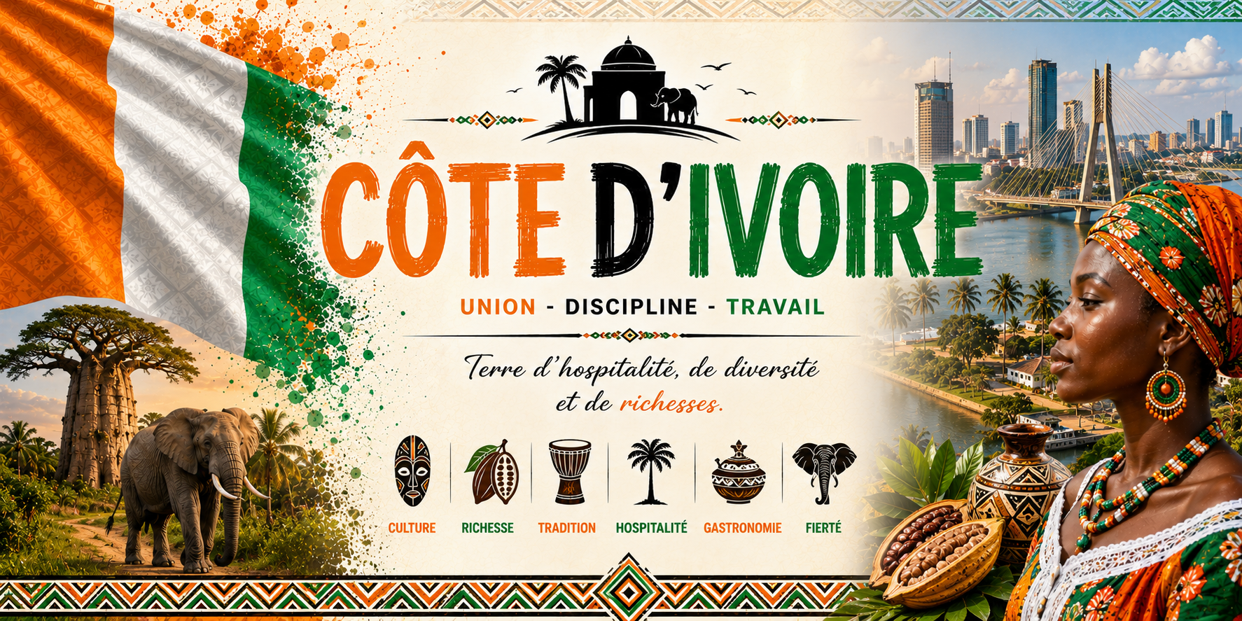 Visuel Côte d'Ivoire : éléphant et baobabs, pont d'Abidjan, cabosses de cacao, Union Discipline Travail