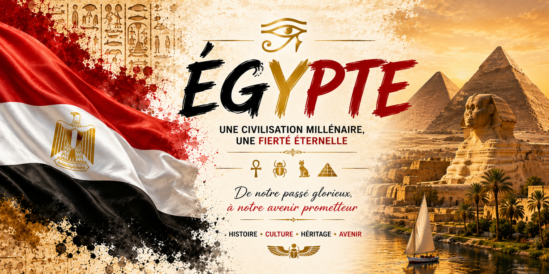 Visuel Égypte : pyramides de Gizeh, Sphinx, felouque sur le Nil, ankh, scarabée et œil d'Horus