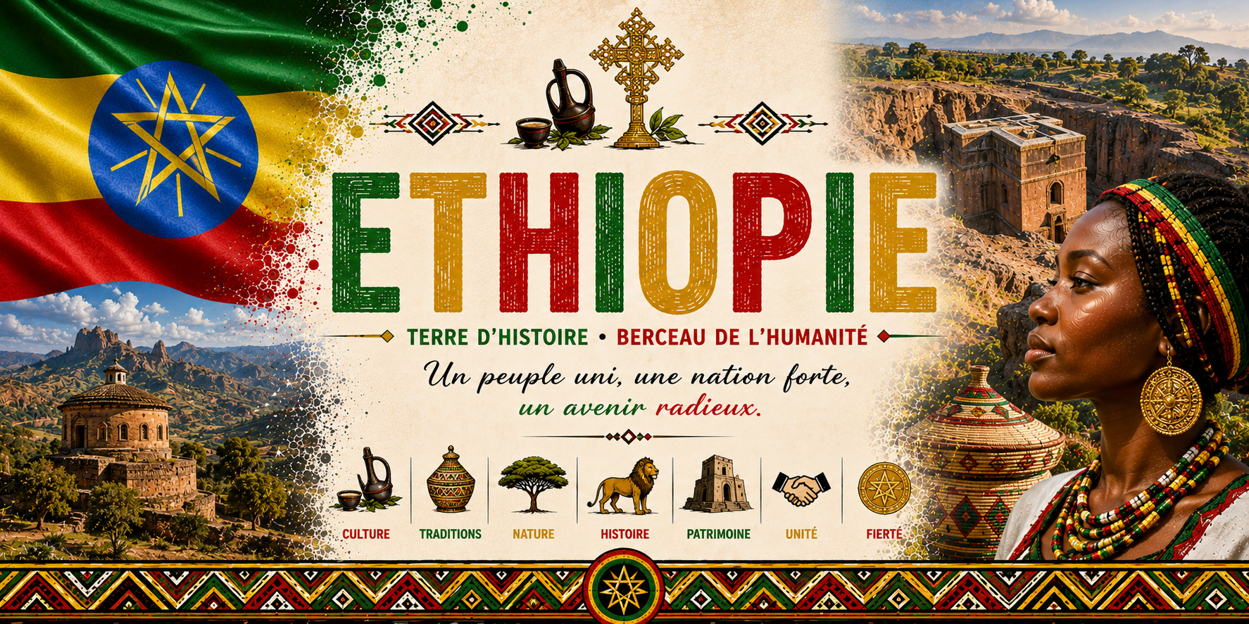 Visuel Éthiopie berceau de l'humanité : églises rupestres de Lalibela, jebena à café, lion et drapeau
