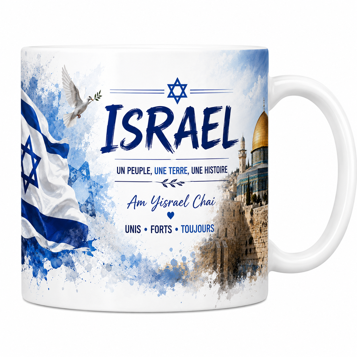 Mug souvenir Israël en céramique blanche, drapeau, Dôme du Rocher et mur des Lamentations