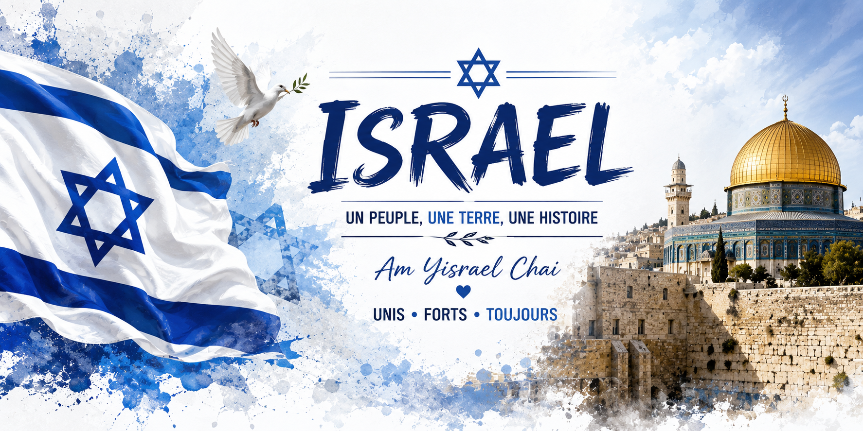 Visuel Israël : vieille ville de Jérusalem, mur des Lamentations, colombe et mention Am Yisrael Chai