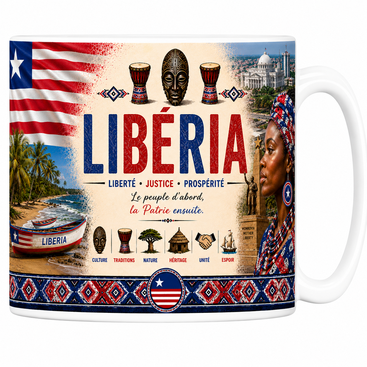 Mug souvenir Libéria en céramique blanche, drapeau étoilé et plage aux palmiers de Monrovia