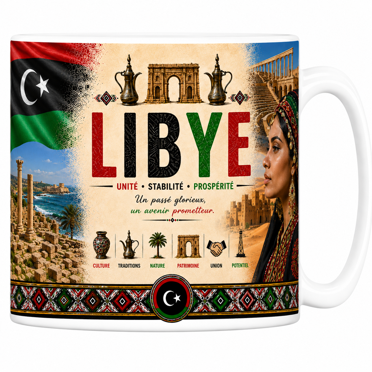 Mug souvenir Libye en céramique blanche, drapeau, colonnes antiques et bord de mer