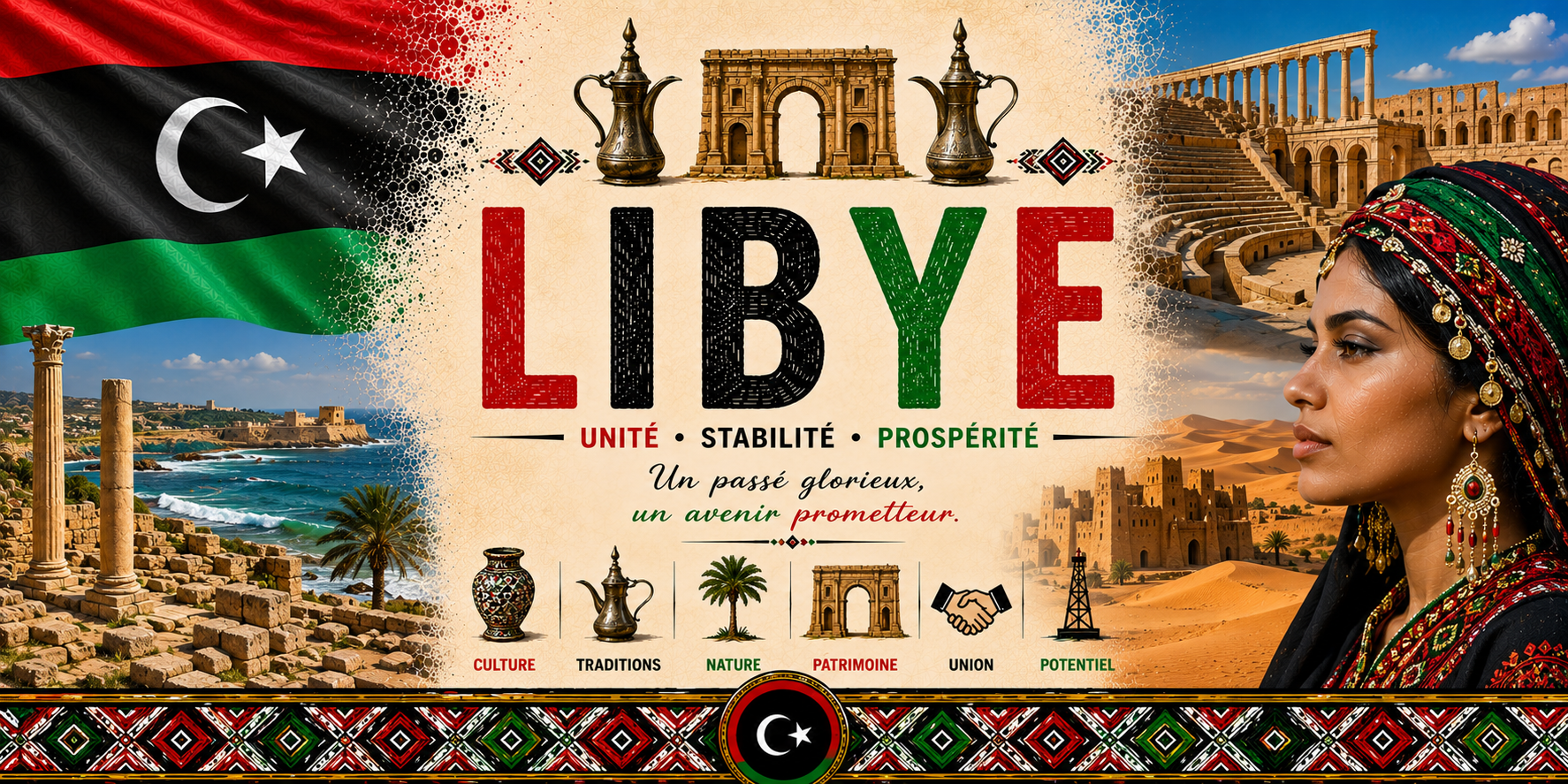 Visuel Libye : théâtre antique de Leptis Magna, colonnes romaines, ksar des dunes et Unité Stabilité Prospérité