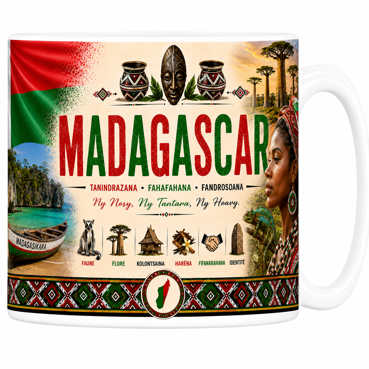 Mug souvenir Madagascar en céramique blanche, drapeau, allée des baobabs et barque Madagasikara