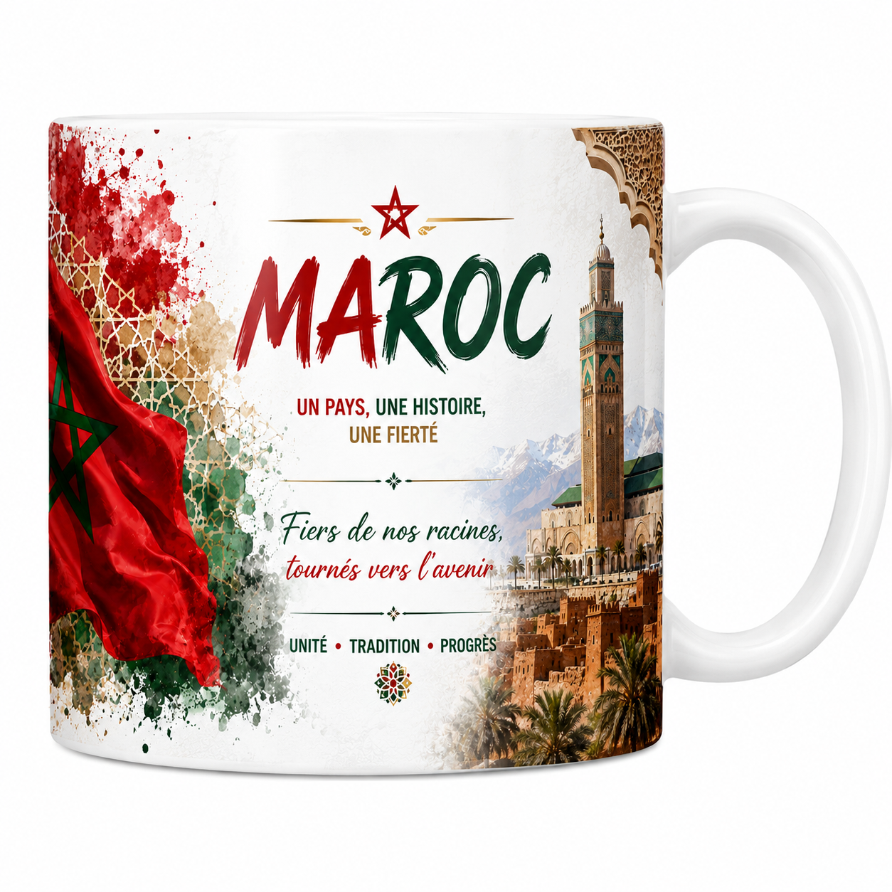 Mug souvenir Maroc en céramique blanche, drapeau, mosquée Hassan II et kasbah imprimés