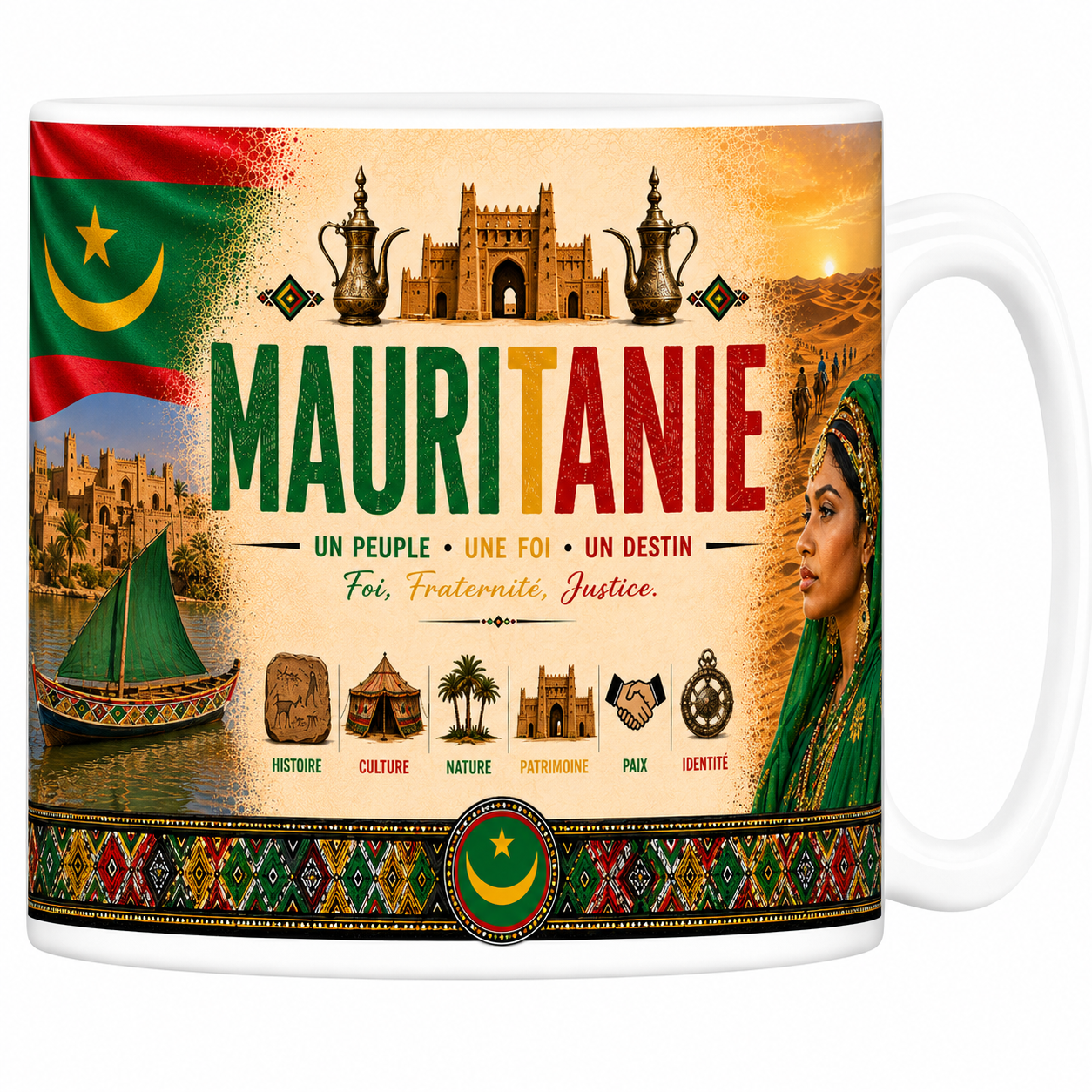 Mug souvenir Mauritanie en céramique blanche, drapeau, fort saharien et dunes au couchant