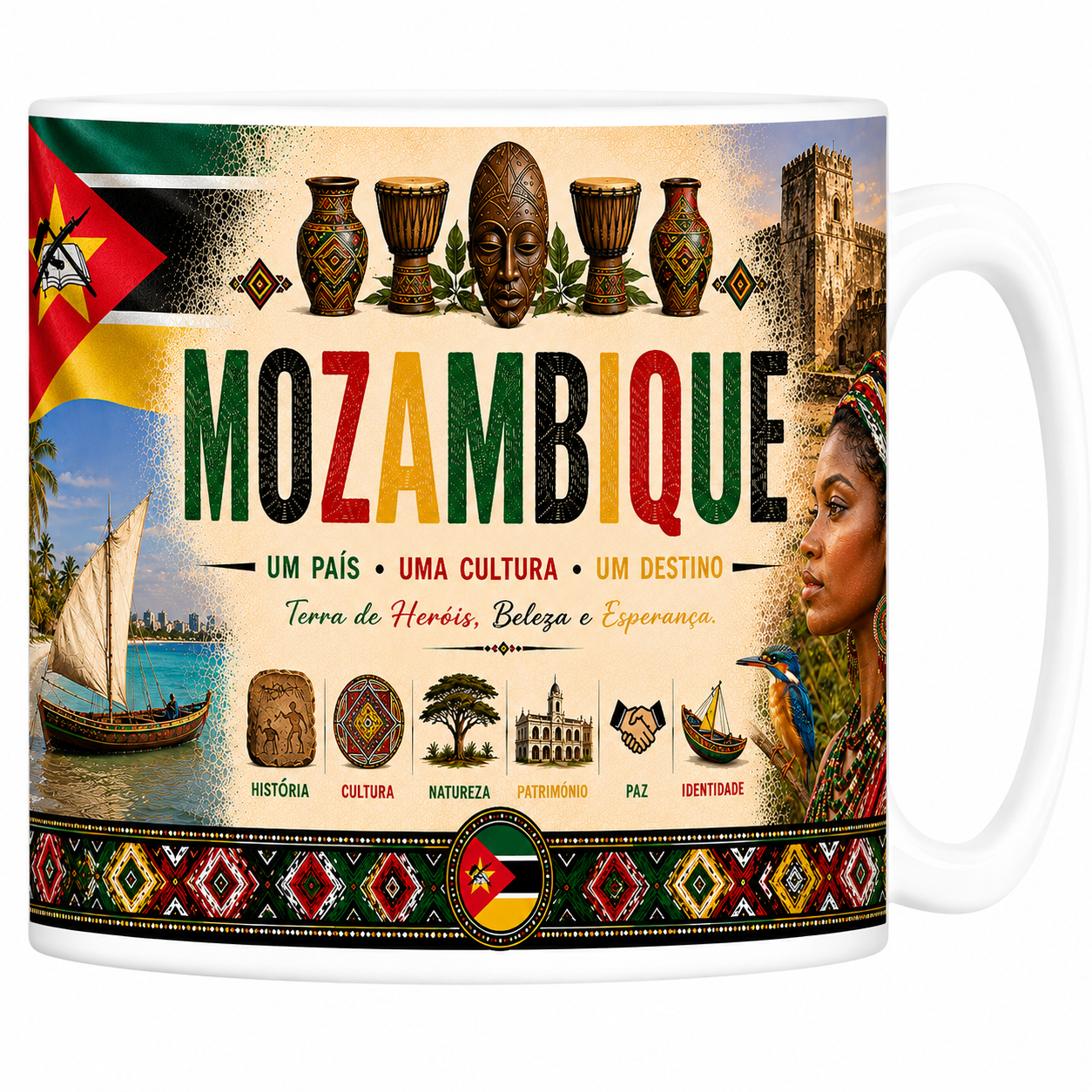 Mug souvenir Mozambique en céramique blanche, drapeau, boutre à voile et plage de l'océan Indien