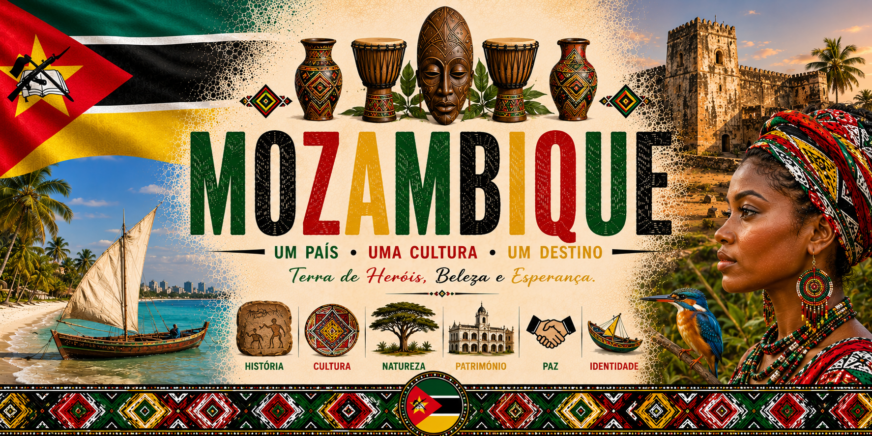 Visuel Mozambique : boutre, plage aux palmiers, fort ancien, martin-pêcheur, masque et Terra de Heróis