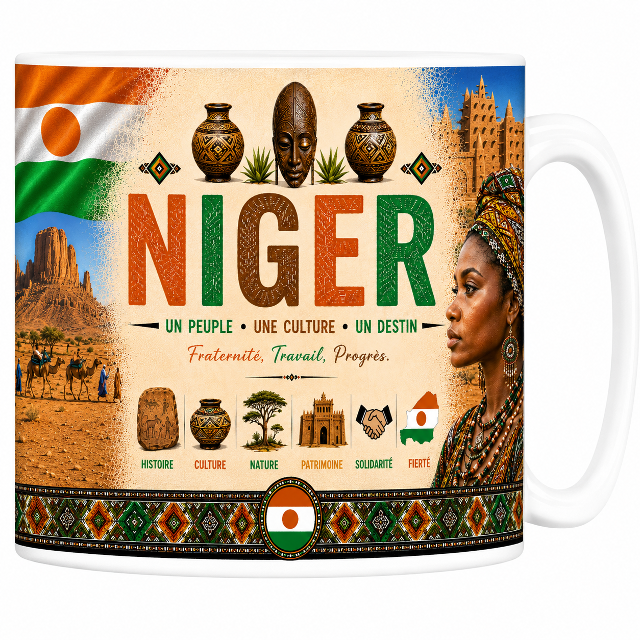 Mug souvenir Niger en céramique blanche, drapeau, mosquée d'Agadez et caravane touarègue