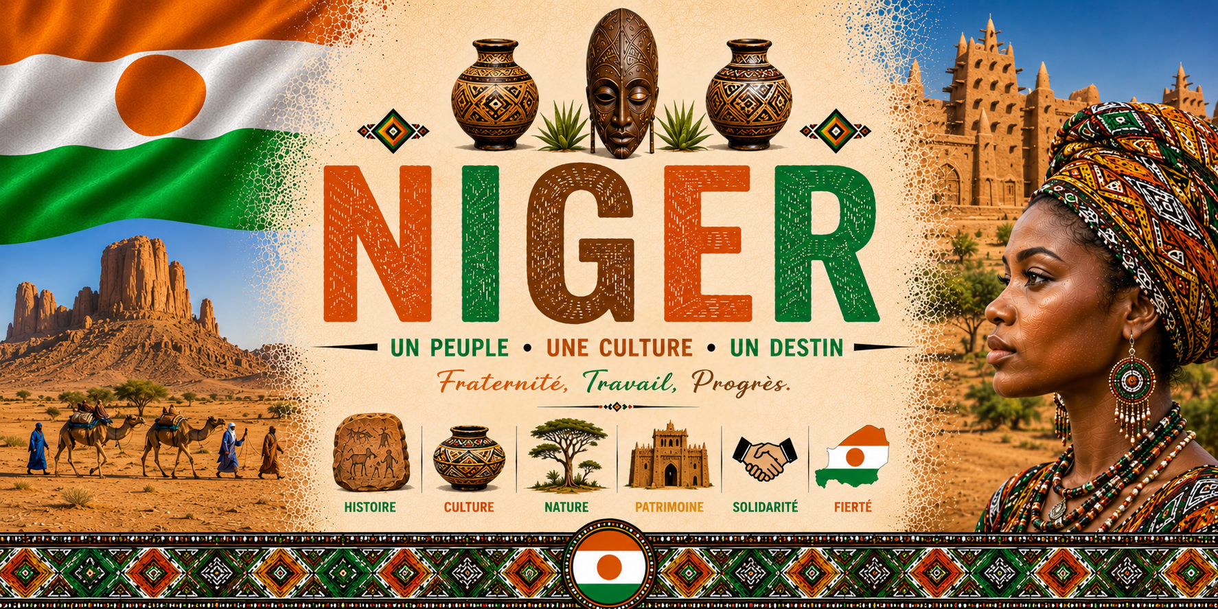 Visuel Niger : mosquée en banco, caravane de dromadaires, femme en turban et Fraternité Travail Progrès