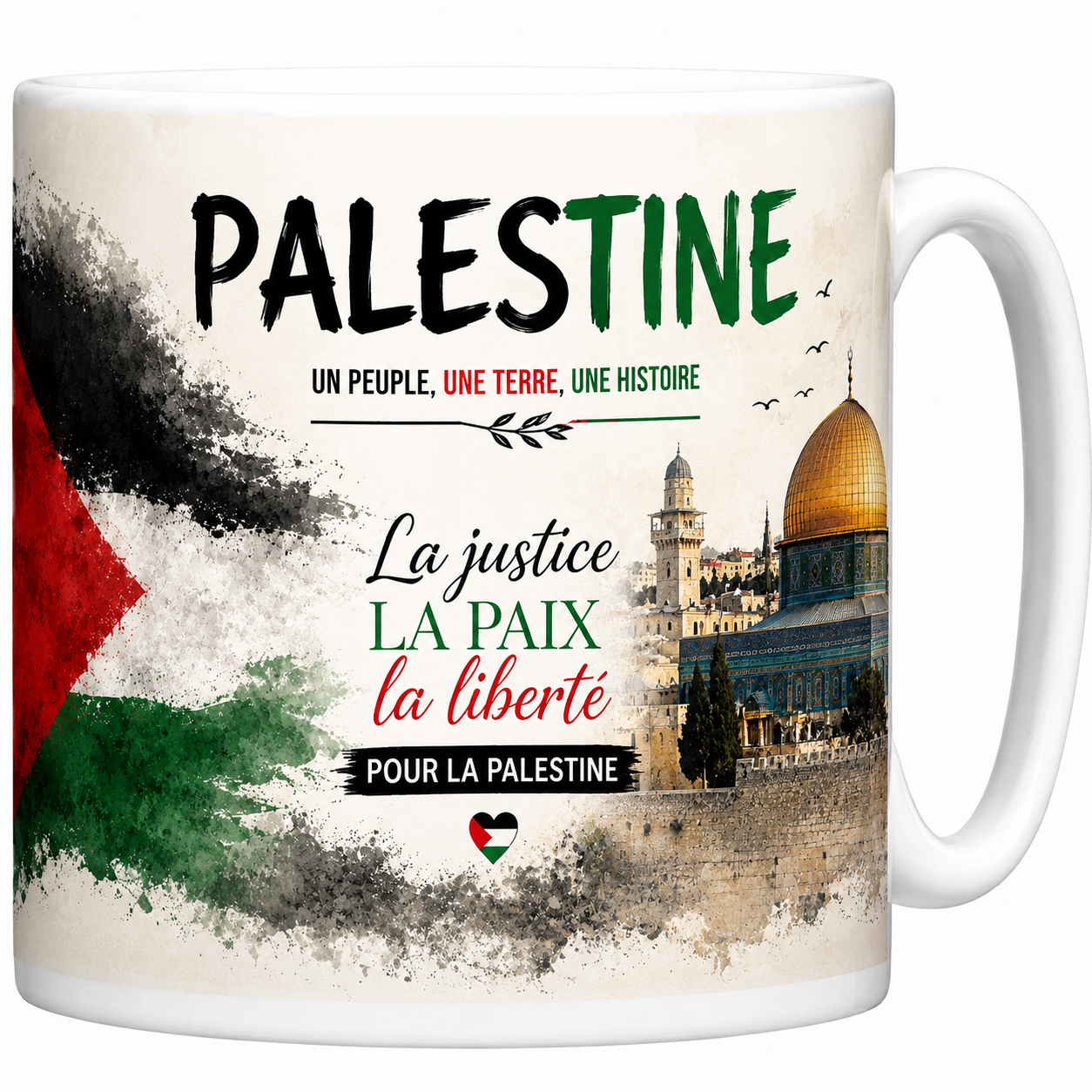 Mug souvenir Palestine en céramique blanche, drapeau et Dôme du Rocher de Jérusalem imprimés