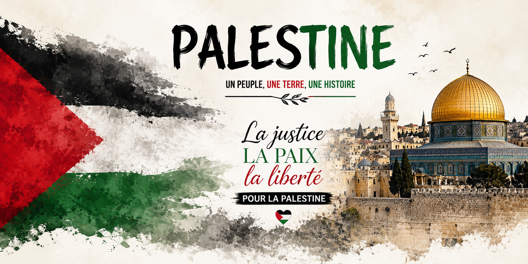 Visuel Palestine : Dôme du Rocher, vieille ville de Jérusalem, rameau d'olivier, La justice la paix la liberté