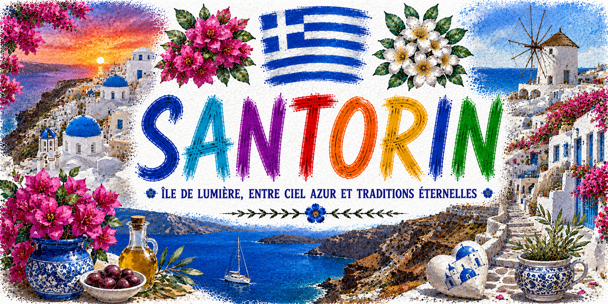 Visuel Santorin « île de lumière, entre ciel, azur et traditions » : dômes bleus, bougainvilliers, moulin