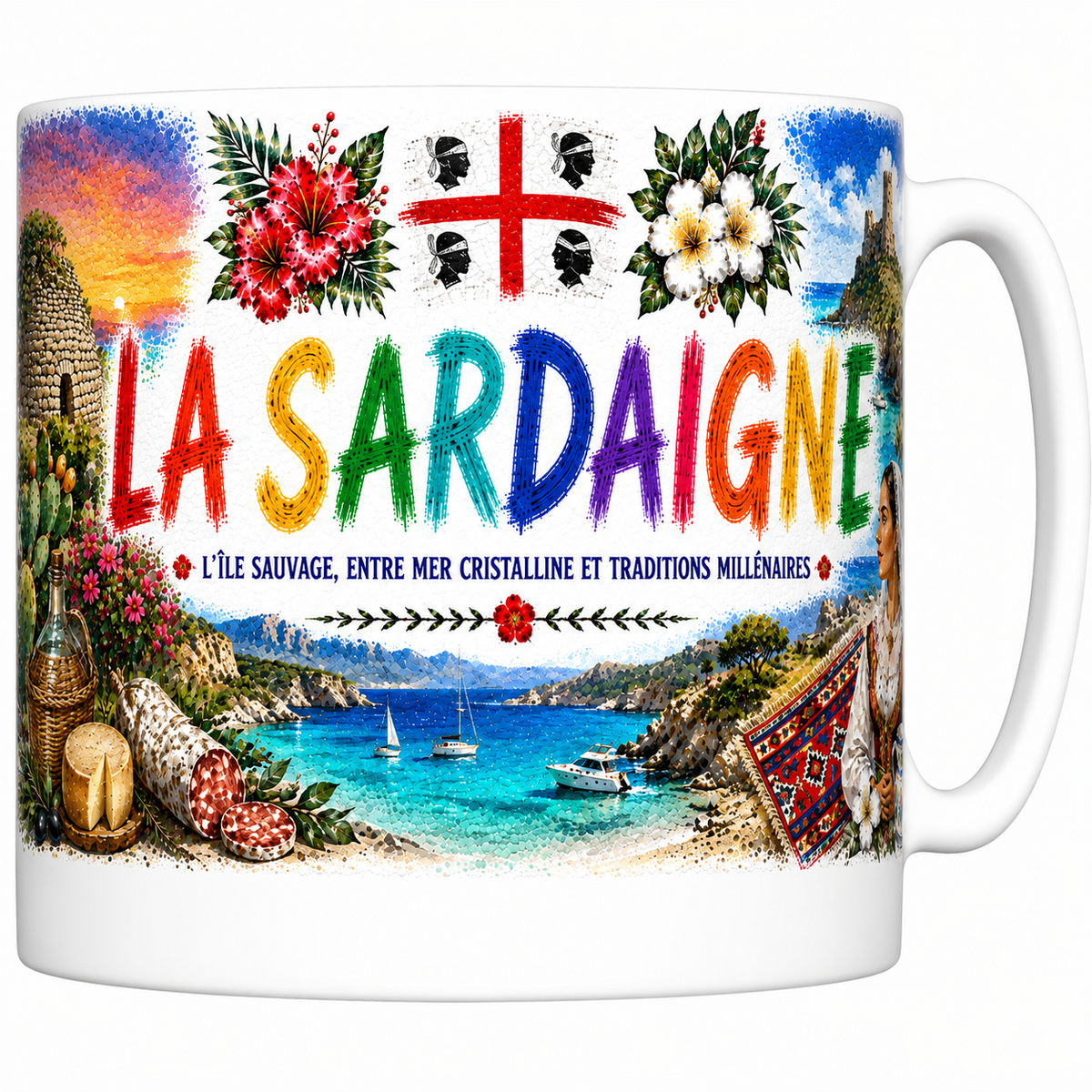 Mug céramique 330 ml souvenir Sardaigne : drapeau aux quatre Maures, crique turquoise et nuraghe