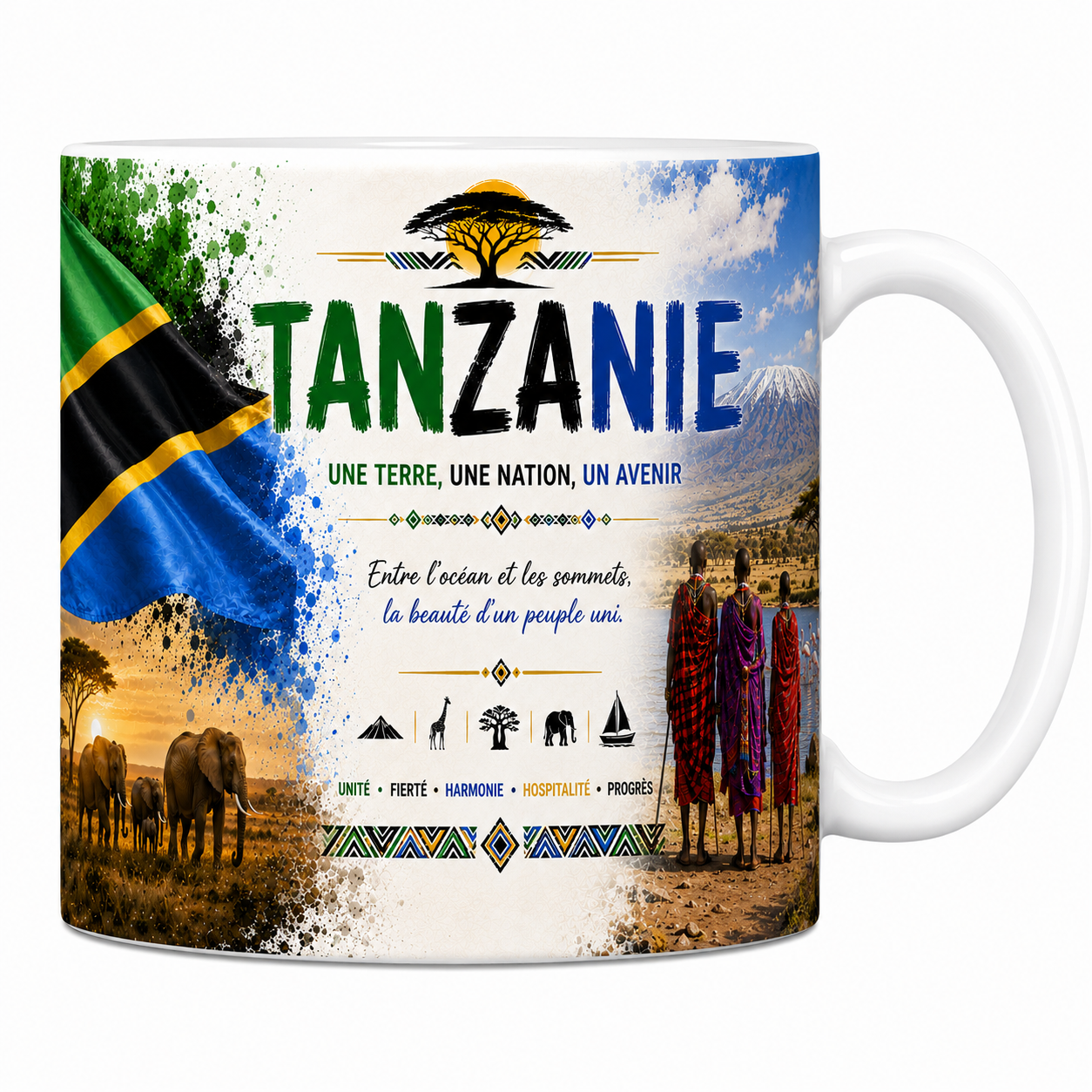 Mug souvenir Tanzanie en céramique blanche, drapeau, Kilimandjaro et Maasaï en shuka imprimés