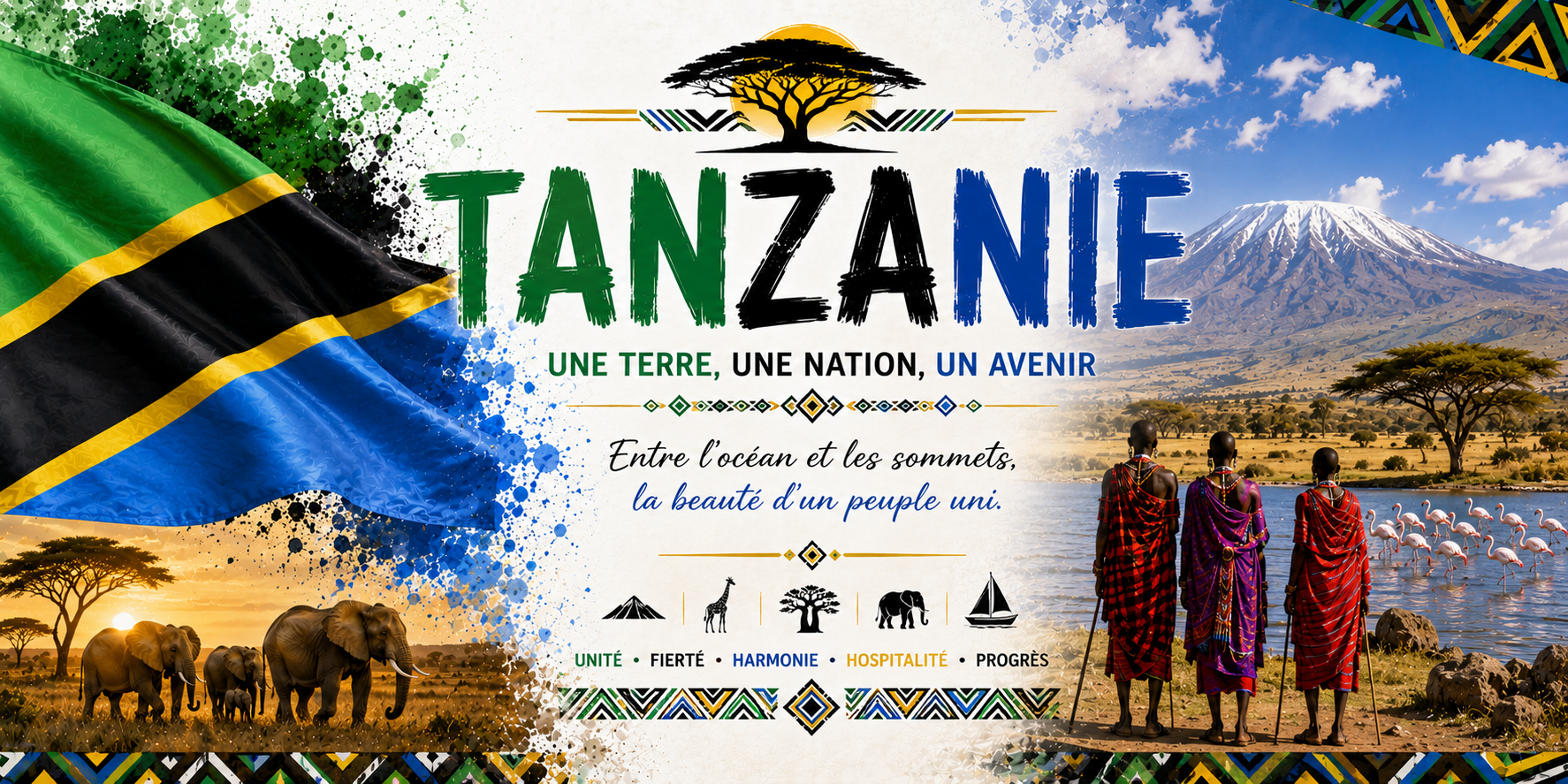 Visuel Tanzanie : Kilimandjaro enneigé, éléphants du Serengeti, flamants roses et Maasaï en shuka