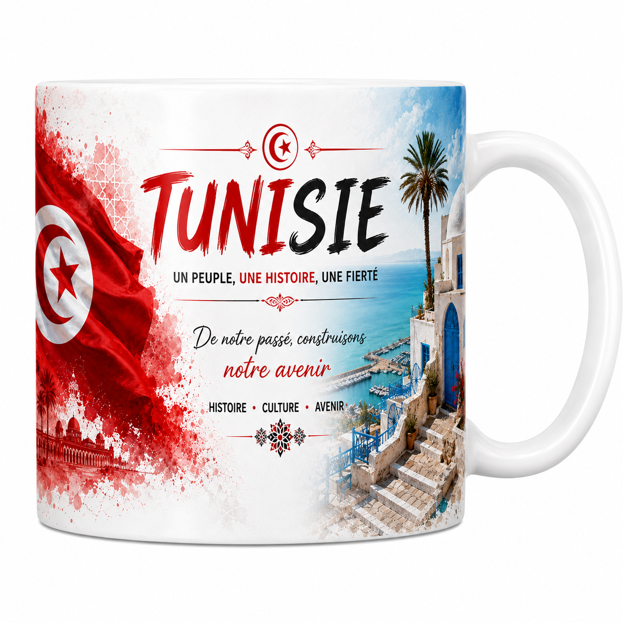 Mug souvenir Tunisie en céramique blanche, drapeau et ruelles bleu et blanc de Sidi Bou Saïd