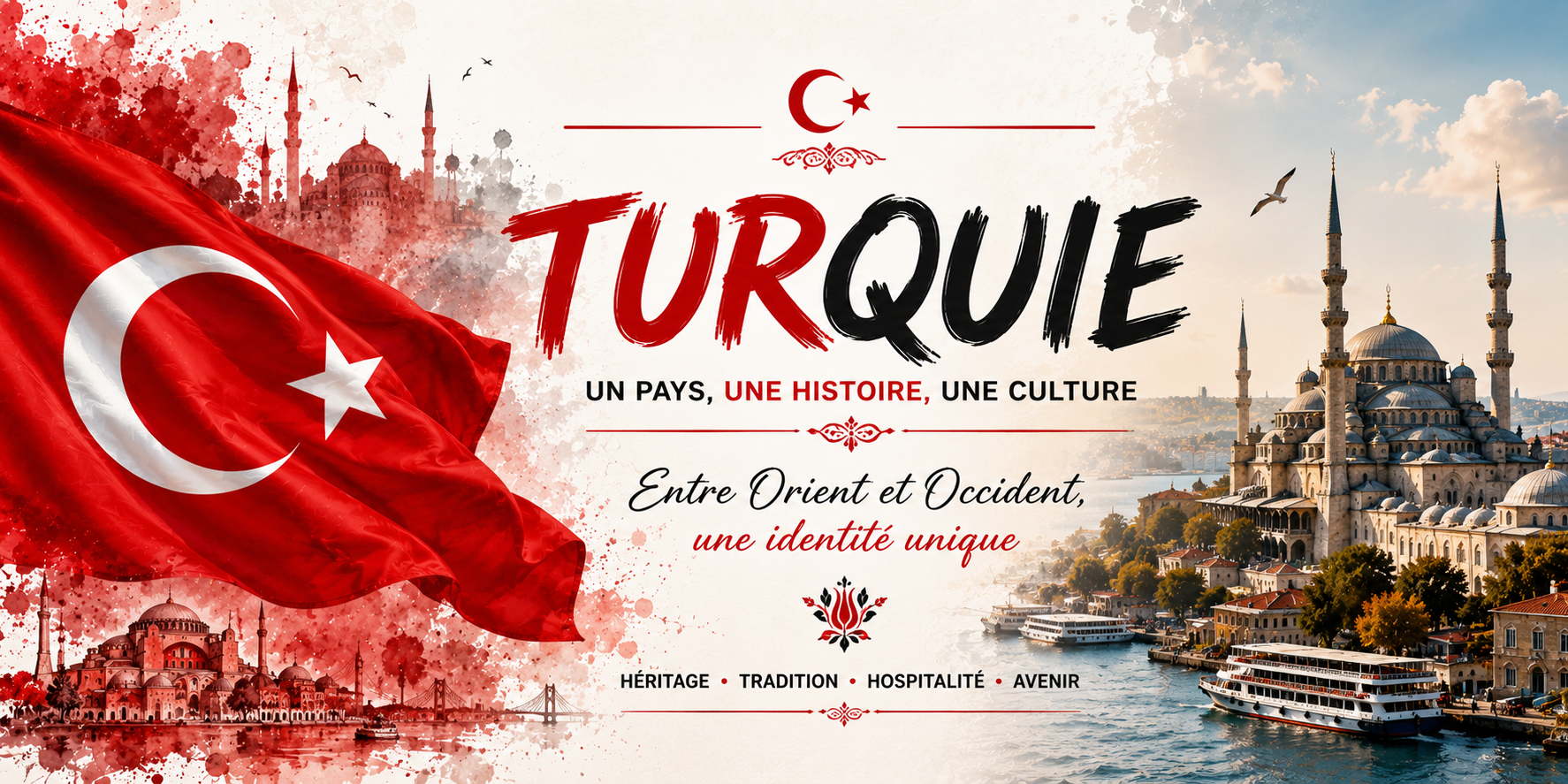 Visuel Turquie : Mosquée bleue, Sainte-Sophie, Bosphore et devise Entre Orient et Occident